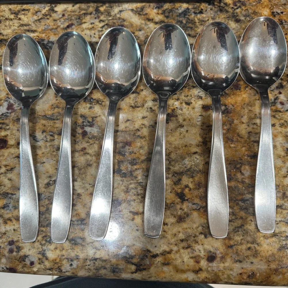 Set of 6 Stainless Steel Tablespoons Modern Satin Finish Flatware Spoons